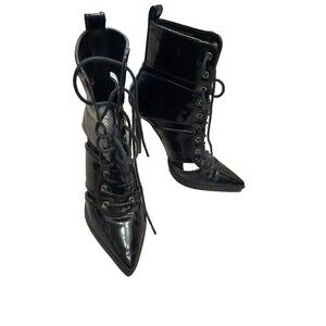 Fashion Nova SZ 7 Black Patent‎ Stiletto Ankle Boots Lace Front Sexy S&M Goth